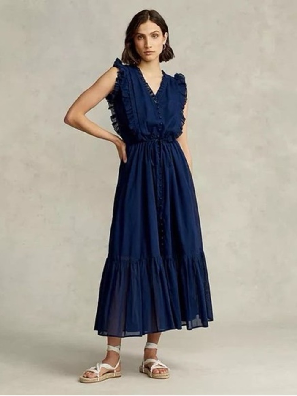 Polo Ralph Lauren Navy Ruffle Midi Dress Size 10